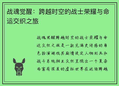 战魂觉醒：跨越时空的战士荣耀与命运交织之旅