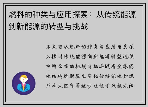 燃料的种类与应用探索：从传统能源到新能源的转型与挑战