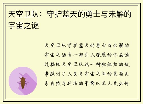 天空卫队：守护蓝天的勇士与未解的宇宙之谜